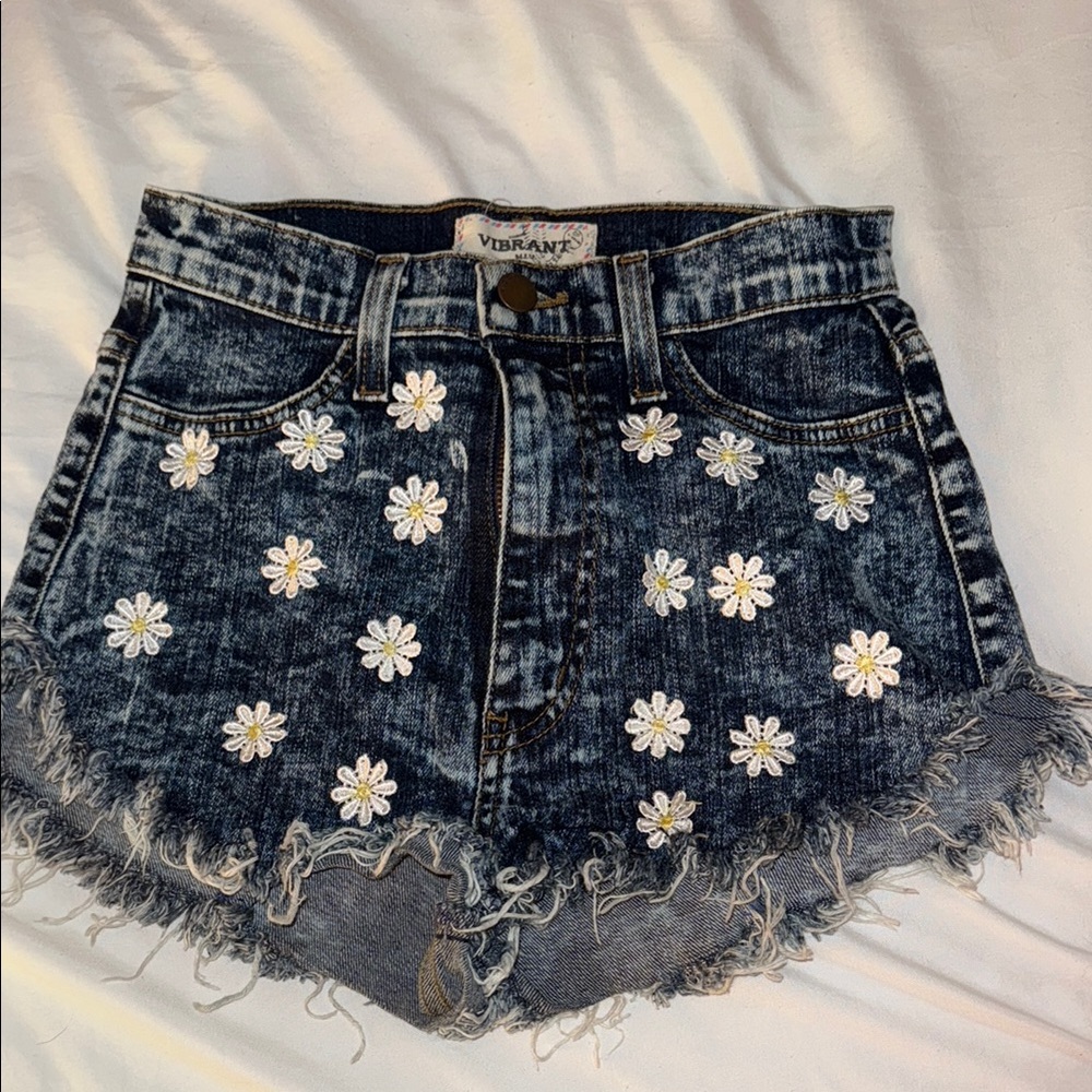 Vibrant Women's Blue Denim Shorts with Floral Embroidery